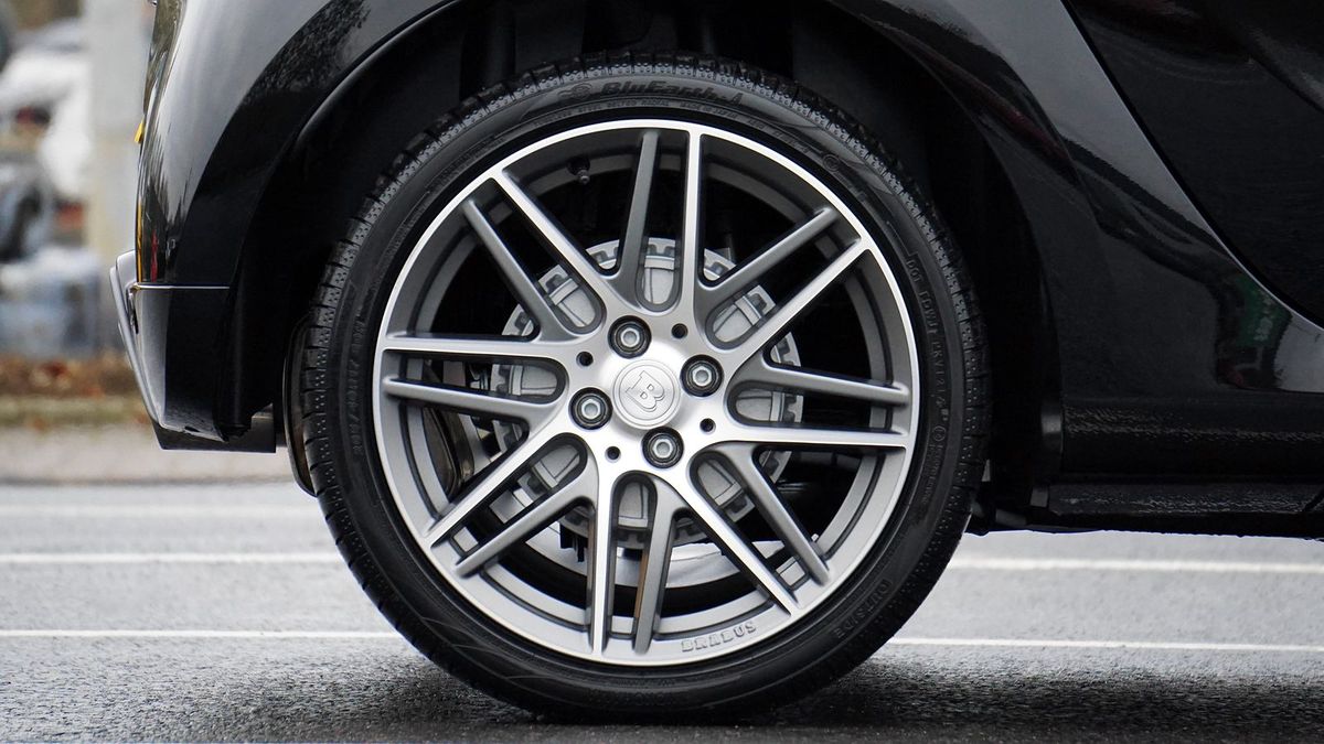 Close-up of an alloy wheel and tire on a car